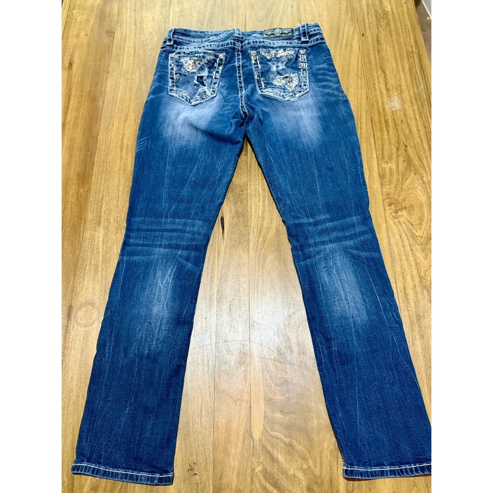Miss Me Size 30 Easy Straight Leg Jeans Blue Mid Rise Rhinestone Sequined Pocket